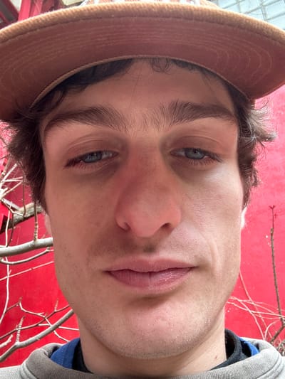 A close-up, front-facing selfie depicts a young adult male with light skin, blue eyes, and dark hair partially covered by a light brown baseball cap. A faint stubble is visible on his chin and jawline. He wears a grey hooded sweatshirt over a blue garment. His facial expression is neutral. The background consists of a solid, vibrant red wall, against which several bare tree branches are present on the left and right sides of the frame, indicating an outdoor setting. The scene is located in Romainville, France.