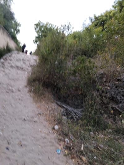 The image depicts an unpaved, uphill dirt path within Gombato Bongwe ward, Kenya, under diffused lighting conditions. The path, light brown and sandy with scattered small debris, occupies the left and central foreground, ascending towards the upper left. To the right of the path, dense green and brownish-green shrubbery and sparse trees line an elevated bank, with a bundle of dark, dried fibrous material, possibly palm fronds, visible on the ground near the path's edge. A lighter-colored, sandy bank with minimal vegetation borders the path on the far left. In the midground, several dark-clad figures are visible ascending the path, silhouetted against a bright, overcast sky. At least one primary figure stands near the path's crest, with two or more additional smaller figures positioned further uphill. A small, colorful piece of litter is present on the path in the lower-mid foreground. The overall image exhibits motion blur and limited clarity.