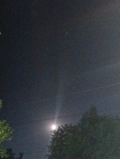 The image shows a night sky with the moon visible, emitting a bright glow. Trees are silhouetted against the sky in the foreground and middle ground, with foliage visible on the right side of the image. A thin horizontal line, possibly a power line or wire, stretches across the frame. The overall scene appears to be outdoors in a semi-urban or rural setting. The location is specified as Novopokrovka, Kyrgyzstan.