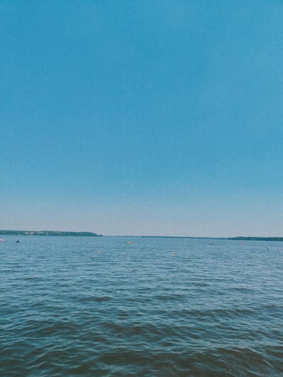 The image depicts a wide expanse of calm blue water under a clear, bright blue sky. In the distance, a tree-lined shore is visible, with some buildings nestled amongst the trees, suggesting an urban or suburban presence along the waterfront. Several small yellow buoys are scattered across the water, possibly marking a swimming or boating area. A few individuals are engaged in water activities: one person is on a stand-up paddleboard, another is in a kayak, and there are other distant figures in boats or on personal watercraft. The overall scene conveys a peaceful, recreational atmosphere on a body of water, likely a lake or a wide river. Given the description of Nieporęt, Poland, this location is likely the Zalew Zegrzynski (Zegrze Reservoir), a popular recreational area near Warsaw.