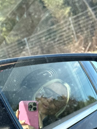 This media file captures a reflection of a person holding a smartphone, seen through what appears to be a car window or side mirror.
**Subjects:** The primary subject is a person, likely female, whose reflection is visible. They have blonde hair and are wearing sunglasses, which obscure most of their face, though their lips are slightly parted. The person is holding a vibrant pink smartphone with a triple-lens camera array (resembling an iPhone Pro model) in their right hand, clearly showing white polished fingernails. Elements of the car's interior, such as a textured door panel or dashboard material, are visible in the reflection around the person and phone.
**Scene and Setting:** The image is composed of two main parts: the reflection in the car's glass and the blurry exterior seen directly through or reflected alongside it. The reflection shows the car's interior and the person, while the very blurry left side of the image depicts an abstract outdoor environment with muted greens and browns, suggesting trees or foliage, along with indistinct linear patterns that could be wires or distant structures. The location context is Strömstad, Sweden.
**Activity:** The person is actively holding the smartphone, indicating they are either taking a selfie, capturing a photo of the car's interior/exterior view, or recording a video through the reflection.
**Notable Details:** The time of day appears to be daytime, likely sunny, given the bright reflections and highlights. The lighting suggests clear weather. No visible text is discernible on the phone screen or elsewhere in the image. The composition highlights the act of self-documentation or capturing a moment from within a vehicle.