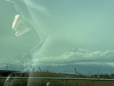 The image depicts a panoramic landscape, likely captured from within a moving vehicle, evidenced by reflections on the transparent surface. The scene is characterized by an overall cool, greenish-blue hue under an overcast sky.

In the upper left quadrant of the frame, a blurry, translucent reflection of a human left hand is visible, partially closed with fingers curled. A ring, possibly adorned with a stone, is discernible on the ring finger. Other faint, elongated reflections are present across the upper portion of the image.

The midground features a paved road or pathway, curving from left to right. This road is bordered by a metal guardrail system, segmented and exhibiting white reflective elements. In the immediate foreground, a blurred, horizontal metal bar crosses the bottom of the frame, likely another part of the vehicle's interior or an external barrier. The ground adjacent to the road is covered with dry, light-brown and green vegetation, resembling reeds or tall grass, with some distinct stalks visible on the right. Utility poles or similar vertical structures are sparsely distributed in the distant midground. Faint outlines of low-lying buildings or structures are also visible at the base of the mountains, suggesting a distant rural settlement or industrial area.

The background is dominated by a majestic, snow-capped mountain range, consistent with the geography near Mkhchyan, Armenia. The tallest peak, presumably Mount Ararat, rises prominently on the right side of the range, partially shrouded by white and grey clouds. A smaller, also snow-capped peak is visible towards the far left. The mountains' lower slopes are visible, showing a mix of snow and exposed terrain. The sky above is a uniform pale greenish-blue, indicative of an overcast day. The presence of snow and dry vegetation suggests a colder season, such as late autumn, winter, or early spring.