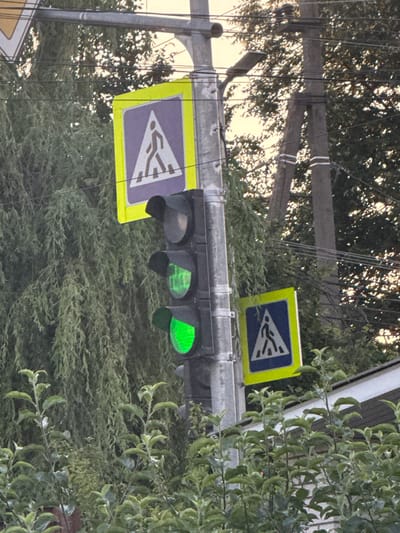 The image captures a traffic light and two pedestrian crossing signs on a street in Horenychi, Ukraine. The traffic light displays green lights for both the upper and lower sections. One pedestrian crossing sign, a blue square with a white silhouette of a person walking, is positioned above the traffic light. Another identical sign is located to the right and slightly below the traffic light. In the background, lush green trees and foliage are visible, along with utility poles and power lines, suggesting a semi-urban or suburban setting. The lighting indicates it is daytime, possibly late afternoon due to the warm tone of the sky. No people are present in the frame.