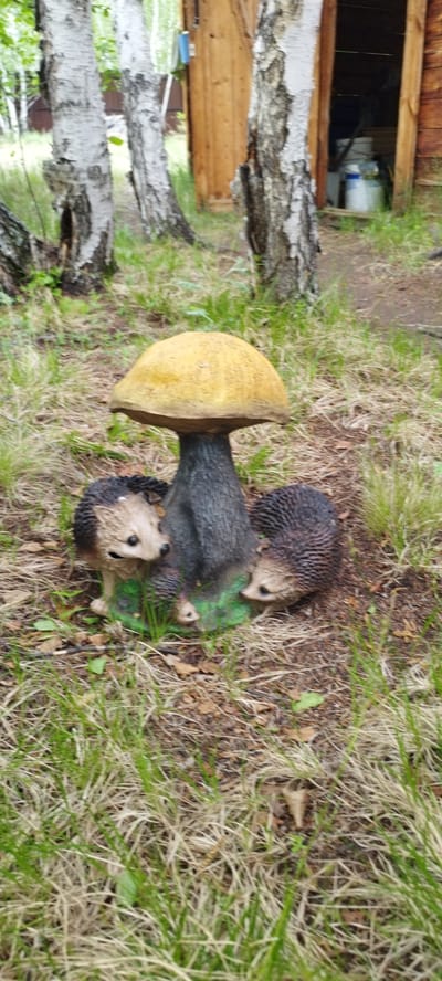 In a forest clearing near a wooden structure in Magan, Russia, two garden gnomes, designed to resemble hedgehogs, are positioned around the base of a decorative mushroom sculpture. The mushroom has a bright yellow cap and a dark gray stem, and the hedgehogs are dark brown with light brown faces and beady black eyes. They are situated on a patch of grass and fallen leaves, with birch trees and a wooden building visible in the background. The scene appears to be a static outdoor decoration, with no people or animals present.