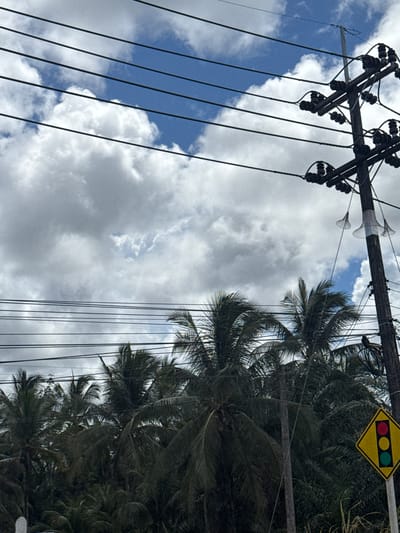 The image depicts a street scene in Ban Krasom, Thailand, characterized by overhead power lines and lush palm trees. A wooden utility pole stands prominently on the right side of the frame, supporting multiple wires and insulators. Below the power lines and amidst the dense foliage of palm trees, a traffic light symbol sign is visible on the right. The sky is a mix of blue patches and white clouds. The overall atmosphere suggests a tropical, possibly humid environment.
