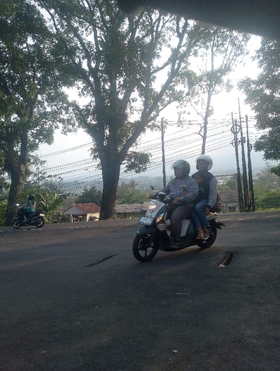 The image depicts an outdoor scene in Cibeureum, Indonesia, showing a section of an asphalt road with two scooters and a vegetated, hilly background under bright natural light.
In the foreground, a white and light green/teal scooter, bearing the visible license plate D 4592 VW and a "125" marking, is moving from left to right. It is occupied by three individuals: an adult male driver wearing a grey long-sleeved shirt, dark pants, and a green full-face helmet; an adult male passenger seated behind the driver, wearing a grey long-sleeved shirt and a white full-face helmet; and a child positioned between the two adults, dressed in a dark top and light-colored pants, without a visible helmet.
Further in the background on the left, a dark-colored scooter is also in motion, ridden by a single individual wearing a light-colored top and a dark helmet.
The asphalt road surface in the foreground displays a long, dark linear crack running across it, and a smaller, deeper crack or pothole containing debris is visible on the right side. Large, leafy trees with dense green foliage are prominent on the left and center of the frame, towering over the scene. In the background, a hilly landscape features scattered houses with brown roofs and light-colored walls, interspersed with additional trees and dense vegetation. Multiple utility poles supporting power lines are visible towards the right side of the frame. The lighting indicates either morning or late afternoon, with shadows cast towards the left.
