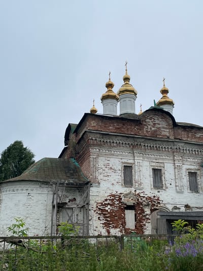 This is a medium shot photograph of the Church of the Resurrection in the village of Kstinino, Russia, taken from a slightly low angle. The sky is overcast and a pale grey. The church itself is constructed of white brick with significant areas of exposed red brick, indicating wear and disrepair. It features multiple golden domes topped with crosses. The main building has several windows with wooden shutters. To the left, a rounded apse with a weathered, greenish roof is visible, supported by scaffolding. Vegetation, including a tall tree and dense green foliage with some purple flowers, grows in front of the church, partially obscuring the lower portion of the building and a fence.