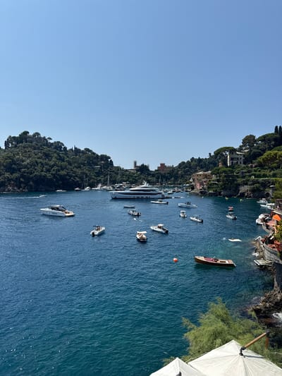 The image depicts a picturesque view of the harbor in Portofino, Italy, under a clear blue sky. The foreground features lush green trees and white umbrellas, suggesting a vantage point from a clifftop restaurant or hotel. The deep blue waters of the harbor are dotted with numerous boats of various sizes, including several sleek modern yachts and smaller speedboats.
In the mid-ground, a large white superyacht is prominently anchored, showcasing its impressive length and design. Other smaller vessels are scattered throughout the bay, some appearing to be leisure boats with people on board, while others are moored. The coastline is characterized by steep, densely wooded hillsides dotted with colorful Italian villas and buildings, their terracotta roofs contrasting with the verdant landscape.
Further back, a small fortress-like structure, likely a historic landmark such as Castello Brown, is visible on the hill overlooking the harbor, adding to the iconic scenery of Portofino. The overall impression is one of luxury, tranquility, and the quintessential charm of the Italian Riviera on a sunny day.