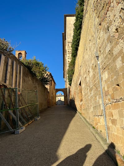 A sun-drenched, narrow alleyway in Pienza, Italy, stretches into the distance, flanked by ancient stone buildings. On the right, a tall wall of weathered yellowish-brown bricks rises, with a grey utility conduit running horizontally along its upper section, featuring a small junction box. Long, distinct shadows of two individuals are cast on the light-colored, textured pathway, suggesting the time is either morning or late afternoon.

To the left, a lower stone wall is partially covered by vibrant green foliage, above which a clear, bright blue sky is visible. Behind this wall, architectural details of an old building, possibly a balcony or window with small columns, are peeking through the greenery. Further along this side, wooden steps ascend, next to a green metal fence or gate. In the background on the left, a bell tower or part of a structure with a bell can be seen.

The alley culminates in a classic archway, through which another building and a glimpse of the town's further architecture are visible under the bright sky. The scene is devoid of active people but their presence is implied by the shadows. It is a quiet street view, showcasing the historic charm and architecture of a Tuscan town on a clear, sunny day. There is no visible text in the image.