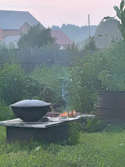The image depicts an outdoor scene, likely in a rural setting in the village of Syola, Russia. In the foreground, a large, dark, cast-iron cauldron with a lid is placed on a metal stand. A fire is burning beneath the cauldron, with flames visible. To the right of the cauldron, a tall, dark cylindrical object, possibly a large pot or container, is partially visible. The area is surrounded by lush green vegetation, including tall plants and grass. In the background, a wooden fence separates the immediate area from what appears to be a residential area with houses. The sky is overcast with a soft, diffused light, suggesting either early morning or late evening. The overall impression is one of a domestic, outdoor cooking activity.