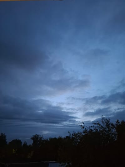 The image captures a dusky sky over a silhouetted landscape of trees and power lines. The sky is filled with a mix of dark and lighter gray clouds, suggesting either approaching or receding twilight. A hint of pale light is visible through a break in the clouds in the upper right quadrant. In the foreground, the silhouettes of dense trees and bushes obscure much of the ground, with some faint lights possibly from residential areas visible within the foliage on the left. Several horizontal power lines stretch across the middle ground, intersecting the view of the trees and sky. The overall impression is one of a serene, possibly humid, evening in a semi-rural or suburban area. The location is identified as Novlyanka, Russia.
