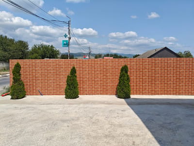 A bright, sunny day is captured in this exterior photograph taken in the city of Sartichala, Georgia. The scene features a long, unadorned orange brick wall that dominates the middle ground of the image. Three conical evergreen trees stand in a row in front of the wall, evenly spaced and casting shadows on the concrete ground. The ground itself is a light grey concrete, showing some wear and tear with faint tire marks visible.
To the left of the wall, a portion of a road with a white line marking is visible, along with a red and white striped traffic cone lying on its side. Above the wall and to the left, a utility pole stands with numerous electrical wires stretching across the frame. Attached to the pole are two green and white signs: one circular with a white cross and the letters "S.U.S." inside, and another rectangular sign with a white arrow pointing to the right. In the background, trees and distant hills are visible under a bright blue sky with fluffy white clouds. A sloped, dark-roofed building can be seen peeking over the right side of the brick wall. The overall impression is one of a public area, possibly a business or service location, given the signage.
