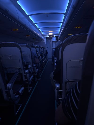 An airplane interior shows reclining passengers in dim, bluish light. Rows of seats are visible, along with the airplane's windows, each illuminated with a soft blue glow. Overhead compartments and control panels line the upper area. The image is oriented as if the viewer is looking upward within the plane. The general atmosphere is peaceful and subdued, suggesting a long journey.