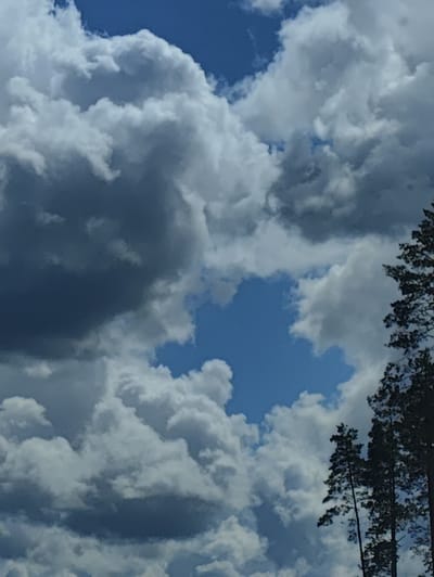 The image captures a dynamic sky with dramatic clouds above a dark silhouette of coniferous trees in the foreground. The clouds are a mix of bright white and dark gray, suggesting a partly cloudy or storming weather condition. A patch of vibrant blue sky is visible through an irregular opening in the clouds. The trees, silhouetted against the sky, appear to be tall and slender, typical of a pine forest. This scene is likely from Lielvārži, Latvia, given the context.