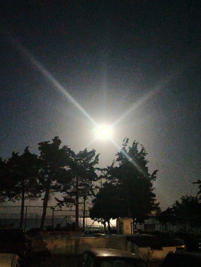 The image depicts a nighttime scene in Durankulak, Bulgaria, featuring a bright moon or celestial body dominating the sky, casting a strong light that creates a distinct cross-shaped flare. Silhouetted trees, with their branches reaching towards the sky, are positioned in the foreground. Beneath the trees, a fence and what appears to be a small building are visible. In the lower part of the image, the dark shapes of vehicles are present, suggesting a parking area or roadside. The overall atmosphere is one of a clear night with the prominent celestial light source.