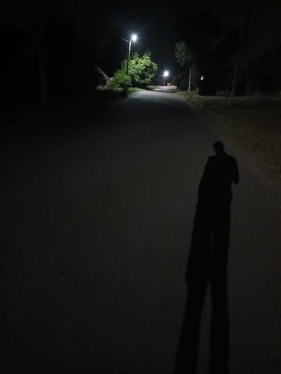 A lone shadow of a person, elongated due to the low angle of light from a streetlamp, is cast across a paved road at night. The streetlamp, emitting a bright white light, is visible on the left side of the road, illuminating a patch of green foliage behind it. A dark, unlit area with indistinct shapes of trees and structures stretches out on either side of the road, suggesting a rural or suburban environment. The road itself is dark and appears empty except for the shadow. This scene is located on a road in the city of Semionovca, Moldova.