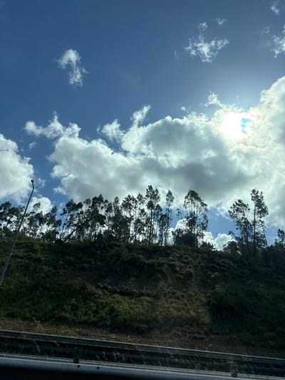 The image shows a view from a vehicle, likely a car, on a road. The sky is predominantly blue with white clouds, and the sun is visible, partially obscured by clouds. Trees line the right side of the frame, atop a hill or slope. A street light is also visible. The image's location in Pombal, Portugal, is not discernible from the visual information provided.