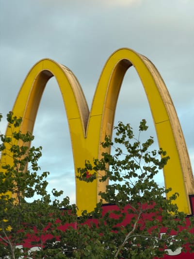 An upward-angled view showcases the iconic golden arches of a McDonald's sign. The bright yellow "M" arches sweep diagonally across the frame from the bottom left to the top right, featuring a metallic-toned trim along their edges. A tree with dense green leaves and branches partially obscures the arches and the background on the right side of the image. Behind the golden arches, a large red surface is visible, likely part of the restaurant building or an extensive sign. Through the foliage on the right, a faint white shape is discernible against the red background, possibly part of an additional graphic or logo. The sky, seen in gaps between the arches and tree branches, is a soft, overcast grey-blue, indicating daytime under cloudy conditions. The dynamic composition emphasizes the scale and curve of the arches. The scene is located in Delta, Canada.