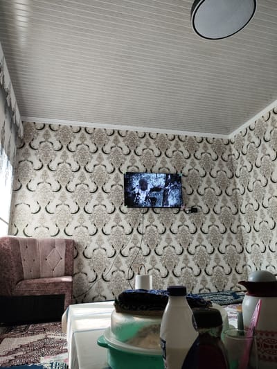 The image depicts an interior scene, likely a living room, within a dwelling in Navruz, Uzbekistan. The walls are covered in a patterned wallpaper featuring intricate beige and black damask designs. A television is mounted on the wall, displaying a scene with a person in a wooded environment. To the left of the television, a portion of a pink upholstered armchair is visible. In the foreground, a white tablecloth covers a surface, and a green plastic basin containing what appears to be food or liquid is present. Several bottles, including a white bottle with a blue cap, are also on display, along with a thermal carafe and a glass. A roll of toilet paper stands upright on a blue cloth. The ceiling is paneled with white strips, and a circular light fixture is visible. The floor is partially covered by a patterned rug.