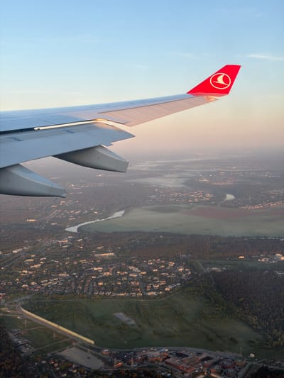 The image shows an aerial view from an airplane. A Turkish Airlines wing and tail fin with the airline's logo are visible. Below, the landscape includes a mix of residential areas with buildings, dense forests, a large open field, and what appears to be a body of water. It's likely a view over the city of Сосны, Russia, based on the prompt's context. The light suggests it's either sunrise or sunset.