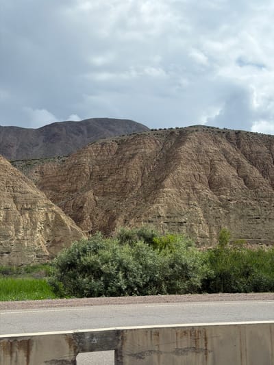 The image depicts a road running alongside a steep, rocky mountain face. The mountain is composed of textured, layered rock in shades of brown and tan. Dense green foliage, including trees and grass, grows at the base of the mountain and adjacent to the road. The road itself is paved and has a white dashed line marking its center. To the right of the road, a concrete structure, possibly a bridge abutment or barrier, is visible, showing signs of wear and staining. The sky above is overcast with fluffy white clouds, suggesting a daytime scene under cloudy weather. The orientation of the image is portrait, with the road and mountain running vertically. There are no people or animals visible, and no discernable text. The scene conveys a sense of natural grandeur and the presence of human infrastructure in a rugged environment. The location context indicates this is likely Krasnyy Most, Kyrgyzstan.