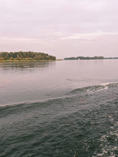 This is a photograph of a wide, calm river under a pale, cloudy sky. The river occupies the majority of the frame, with its surface rippling gently and reflecting the muted light. In the distance, a tree-lined bank forms the horizon, with a cluster of trees on the left and a more dispersed line of trees on the right. On the right side of the river, a small white and blue vessel is visible, possibly a tugboat, in the distance. The foreground features a turbulent wake created by a moving boat, with white foam and choppy waves. The overall impression is one of tranquil, natural beauty, suggesting a peaceful day on the water. The location is identified as the city of Maloe Nakhval'skoe, Russia, implying this is a view of the river flowing through or near the settlement.