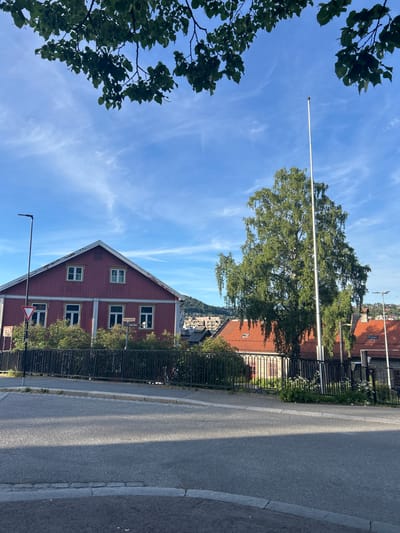 The image captures a street view in Kongsberg, Norway, on a bright, clear day with a blue sky dotted with wispy clouds. In the foreground, a paved road curves gently to the left, with a shaded area on the right side of the frame cast by an unseen object. A raised sidewalk runs alongside the road, bordered by granite stones.

Dominating the mid-ground is a large, mature tree with a full canopy of green leaves, its branches cascading downwards. Beside the tree stands a tall, slender flagpole, its top point obscured by the tree's foliage. Behind the tree and flagpole, a red, two-story house with white trim and several windows is visible. A black metal fence runs along the property line in front of the house and extends to the right, behind which are more buildings with red tiled roofs. A street lamp is positioned to the left of the red house.

Further in the background, the cityscape of Kongsberg rises, with buildings nestled on a hillside under the expansive sky. The overall scene suggests a quiet, residential area in Kongsberg, bathed in the sunlight of a pleasant day.
