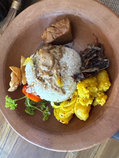 A top-down shot depicts a brown ceramic plate of Sri Lankan cuisine, likely taken in or near the city of Polonnaruwa, Sri Lanka. The plate contains a central mound of white rice topped with a gray, creamy sauce. Surrounding the rice are several different dishes, including what appears to be dark fried mushrooms, yellow curried potatoes, sauteed onions with red peppers, and a tofu-like cube. A few sprigs of parsley garnish the plate, and a couple of fried wonton-like snacks are placed on the bottom of the rice. The plate sits on a wooden surface, with part of a woven placemat or mat visible on the right edge. The earthy tones of the plate and food contrast with the bright white rice and yellow curries.