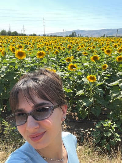 A young woman with brown hair and wearing sunglasses and a light blue shirt takes a selfie in a field of sunflowers under a clear blue sky. The field stretches into the distance, with rows of tall sunflowers with yellow petals and dark centers. In the background, power lines and distant mountains are visible. The image appears to have been taken in Gazalkent, Uzbekistan, given the landscape and rural setting.