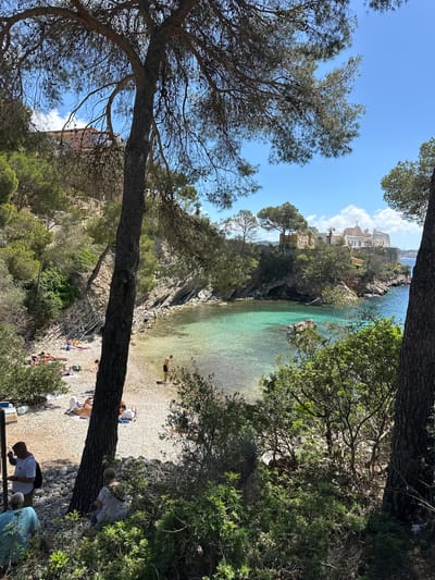 The image depicts a coastal scene in Peguera, Spain. A small beach is visible, populated with people sunbathing and swimming in the turquoise water. The beach is framed by rocky cliffs and lush vegetation, including pine trees that partially obscure the view. The scene is bathed in sunlight under a clear blue sky with some clouds. Some buildings are visible on the cliffs overlooking the beach.