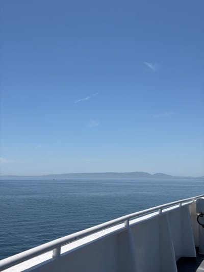 The image captures a serene view from a ferry deck, looking out over the Strait of Georgia. The vast expanse of calm, blue water dominates the lower two-thirds of the frame, with a distant, hazy shoreline of islands and mountains forming the horizon. A white railing runs along the right side of the image, indicating the vantage point is from the side of a vessel. The sky above is a clear, bright blue, with a few wispy clouds scattered sparsely. The overall impression is one of peaceful travel and natural beauty. This scene is likely captured while traveling on a BC Ferries vessel between Tsawwassen in Delta, Canada, and one of the Vancouver Island destinations.