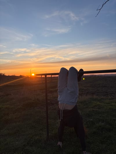 The image depicts a rural scene at sunset in Kiosevtsi, Bulgaria. A single individual is captured performing an inversion, hanging upside down by their legs from a dark-colored horizontal bar. The person is dressed in light grey sweatpants with a visible drawstring and a dark top that is partially ridden up. Their head and upper torso are not visible, being below the bar, while their legs are bent with dark footwear visible on their feet. The horizontal bar, supported by at least one vertical post, is positioned in the middle ground.

The background features a broad expanse of open, grassy land, transitioning into what appears to be tilled or cultivated fields further right. On the left horizon, a line of distant trees or vegetation is silhouetted against the sky. The setting sun, a prominent bright orange disc, is visible on the left horizon, casting strong golden light rays horizontally across the lower left quadrant of the image. The sky above displays a gradient of colors from light blue at the zenith to vibrant oranges, yellows, and reds near the horizon, accented by thin, elongated clouds illuminated by the sunset. A bare tree branch is visible extending into the upper right corner of the frame.