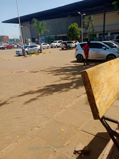 The image shows a parking lot in Mugumo-ini ward, Kenya, on a sunny day. Several cars of different colors and models are parked. A man in red is standing near a silver car. In the foreground, there is a wooden bench. The ground is paved with brick and there are yellow leaves scattered around. In the background, a building with shops is visible, along with lampposts and trees.