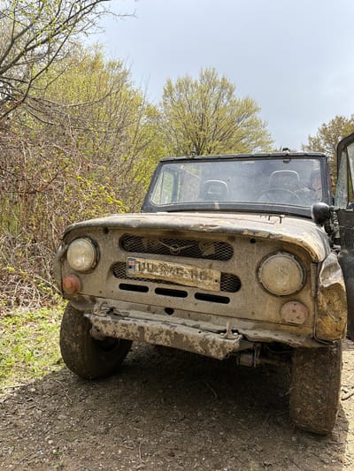 A heavily muddied, utilitarian off-road vehicle is the central subject of the image, seen from its front. The vehicle is parked on a dirt path or ground that is also covered in mud. Its dark bodywork is extensively caked with dried mud, particularly on the front bumper, grille, headlights, and fender.
The front of the vehicle features two prominent circular headlights with slightly dirty glass covers. Below the left headlight, a small amber turn signal is visible. A mesh grille covers the central part of the front, behind which the radiator would be. Attached to the grille is a rectangular object, likely a license plate, which is heavily obscured by mud. On its left side, a blue vertical band with a visible emblem, resembling a national flag or symbol, is discernable; it appears to contain elements consistent with the flag of Georgia (a white cross on a red field). The bumper is sturdy and shows signs of dents and wear, indicating rugged use. The windshield is visible above the front, appearing dirty or cracked in places.
The surrounding environment consists of numerous deciduous trees with vibrant, fresh light green foliage, suggesting late spring or early summer. The sky above is bright and overcast or hazy, indicating it is daytime. The overall scene suggests the vehicle has recently been engaged in off-road activities in a natural, possibly wooded, landscape. The vehicle is stationary, showcasing its rugged, well-used condition.