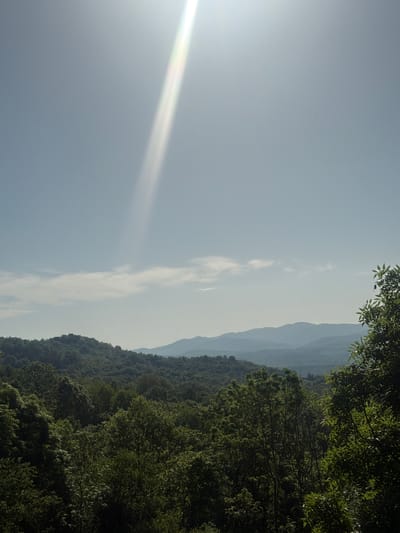 The image captures a landscape in Novogortsi, Bulgaria. The scene includes a sky with a bright sun emitting rays, distant mountain ridges, and a dense forest in the foreground. The forest appears to cover a hillside or lower mountain slopes. The image is taken during daylight with clear weather conditions. There are no visible people or evident actions.