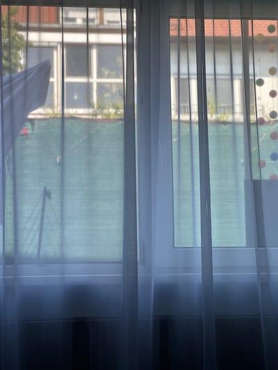 The image shows a view through a window with sheer white curtains. Outside, across a green privacy screen, a building with a red-tiled roof is visible, along with windows and some greenery. The overall impression is of an interior space looking out onto a residential or apartment building. The scene is likely from a private residence in Bruchsal, Germany, given the architectural style and the red-tiled roofs are common in the region. There are no people or specific actions depicted.
