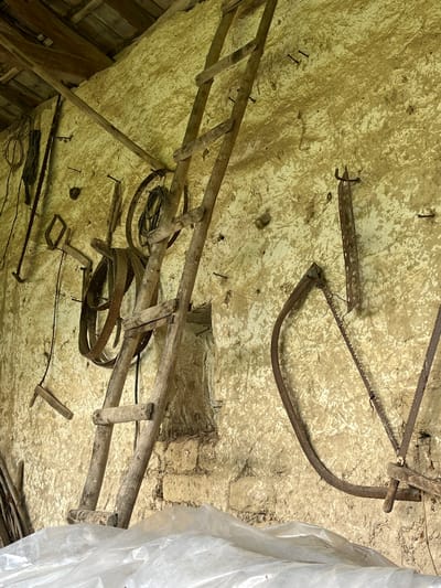 The image displays an overhead view inside a rustic, aged building, likely a storage area or barn in Byala Reka, Bulgaria. No people are visible.
The scene is dominated by various old tools and equipment suspended from or resting against a textured, light-colored ceiling or high wall. A large, weathered wooden ladder spans diagonally across the mid-ground, featuring rough-hewn log rungs and side rails. Above the ladder and towards the center, several rusty metal hoops or bands, possibly from barrels or cartwheels, are stored alongside coiled wires or ropes.
In the upper right quadrant, a prominent antique two-man saw or frame saw is hanging, characterized by its curved metal frame and long, serrated blade. Another section of a saw blade is visible nearby. Numerous metal hooks and nails are embedded into the textured ceiling, which appears to be made of an uneven, light yellowish-cream material, possibly aged plaster, mud, or rough concrete. This surface shows signs of wear and age.
On the far right, a translucent white plastic sheet or tarp hangs, partially obscuring a darker background section. Wooden beams and supports are visible as part of the building's underlying structure, further emphasizing its traditional construction. There is no visible activity taking place; the image captures a static display or storage of these implements. No text is visible in the frame. The overall impression is one of historical utility and traditional rural life, with all items exhibiting significant age and wear, consistent with an old agricultural setting.