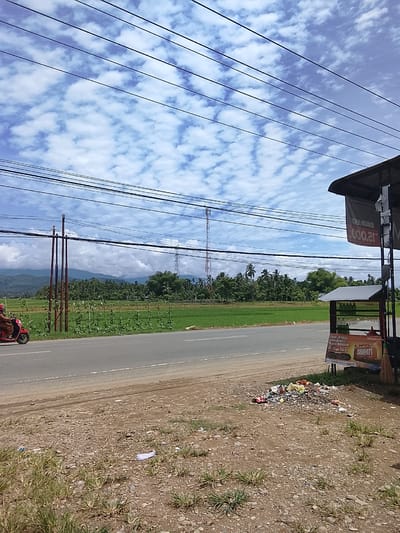 In Manyang Cut, Indonesia, a roadside scene unfolds under a bright, cloudy sky. A grey asphalt road stretches across the frame, bordered by a vibrant green rice paddy field. A red scooter carrying a person in a brown outfit is captured in motion on the road, heading towards the left side of the image. Several utility poles stand along the side of the road, with a network of black power lines crisscrossing the sky. In the background, lush green trees and rolling hills create a scenic backdrop, with a tall transmission tower visible in the distance. To the right, a small roadside stall is partially visible, featuring a dark roof and various items displayed, including bottles and a broom. A pile of trash is scattered on the ground in front of the stall, with grass and loose stones covering the earth. A sign with Indonesian text is attached to the stall.