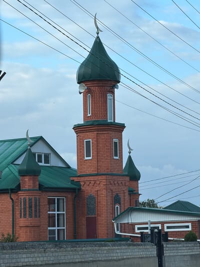 The image shows a building with red brick walls and a green roof, likely a mosque given the crescent moon ornaments on the roof. The building has several windows and a prominent tower. Overhead, a tangle of power lines crisscrosses the sky, which is partially obscured by clouds. The time of day appears to be daytime, possibly late afternoon or early evening, given the soft lighting. The weather seems overcast or partly cloudy. The scene is likely set in a residential area, as suggested by the presence of the power lines and the architectural style of the building, which appears to be located in Первомайское, Russia. No people are visible in the image.
