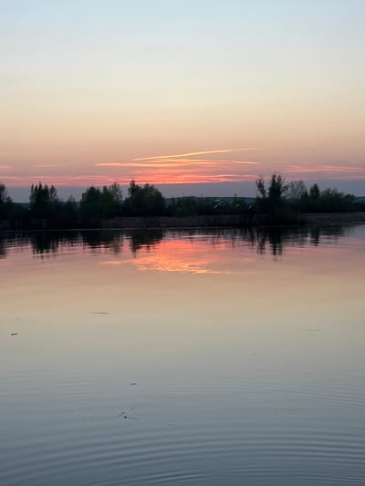 The image depicts a serene scene at twilight, most likely in Borovoye Matyushino, Russia, judging by the landscape and likely presence of lakes/rivers. The sky transitions from a light blue to a soft gradient of orange and pink hues, indicating either sunrise or sunset. Several distinct contrails are present in the sky, appearing as straight lines of condensed water vapor, suggesting recent air traffic activity.
A dark line of trees and shrubs, seemingly growing along the bank of a body of water, stretches across the horizontal center of the image. These trees cast a dark reflection onto the water's surface, which is itself calm with minimal ripples. The reflection mimics the color of the sky, creating a mirror-like effect.
The water's surface is largely smooth but textured with small ripples towards the edge. There are scattered dark specks on the water, possibly debris or small insects floating on the surface.