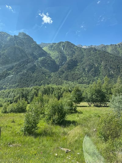 The image depicts a lush, mountainous landscape under a clear blue sky dotted with sparse white clouds. The foreground is a vibrant green meadow, with tall grass and scattered wildflowers. Several clusters of deciduous trees with bright green foliage are interspersed throughout the meadow, with some appearing more mature and others younger.

In the middle ground, a dense forest of coniferous trees blankets the lower slopes of the mountains. These trees form a dark green carpet, contrasting with the lighter green of the deciduous trees and the meadow.

The background is dominated by imposing, rugged mountains. Their rocky faces are partially covered by the same coniferous forest, with patches of lighter green indicating sparser vegetation or different tree species. Some of the higher peaks in the distance appear to have snow on them, suggesting a significant elevation. A thin, almost invisible line of what might be power lines or a distant road can be seen traversing the mountainside. A faint, almost unnoticeable waterfall cascades down one of the steeper mountain slopes.

The overall impression is one of a serene, natural environment, likely in a rural or mountainous region. While the prompt specifies the location of Upper Baksan, Russia, this information cannot be visually confirmed from the image itself, as there are no discernible landmarks or human-made structures that would definitively place it there. The image is a landscape photograph, likely taken during daylight hours, possibly from a moving vehicle due to slight reflections on the surface of the image, which could be a window.