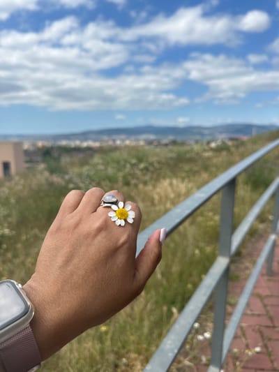 A hand rests on a railing with a ring and a daisy. The background is a view of the city of Esplugues de Llobregat, Spain, with the sky and mountains in the distance.