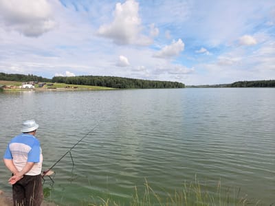 A person, seen from behind, fishes on the shore of a wide lake. The individual wears a light blue and white striped polo shirt, dark trousers, and a light-colored hat. A fishing rod rests on a stand, its line extending into the water. In the background, across the lake, a dense green forest lines the horizon, with a cluster of buildings and a white-domed structure visible on the elevated terrain. The sky is a mix of blue and white clouds. The scene is set in Deriuzino, Russia.