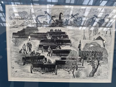 The image is a black and white etching depicting an industrial or agricultural scene in a rural setting, possibly the посёлок 1-го отделения совхоза "Масловский", Russia, as indicated by the inscription. In the background, several large, crane-like machines are prominent against a backdrop of stylized trees and buildings. In the middle ground, rows of agricultural machinery, possibly seed drills, are arranged, with several figures in period clothing working with them. In the foreground, more of these machines are visible, along with people and a dog. To the right, a rustic wooden house with a snow-covered roof and a large, bare tree with an intricate branch structure stand out. The overall impression is one of activity and industry within a wintry landscape. The etching style is detailed, with extensive use of stippling and fine lines to create texture and shading. There is a signature and a date, "В. А. 76" and possibly a name below it, visible in the lower right corner.