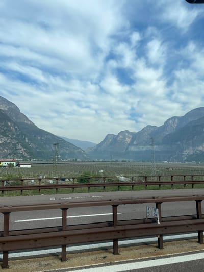 The image shows a mountainous landscape in Nave San Rocco, Italy. The view is from a roadside location, likely a highway or bridge, with a metal railing in the foreground. Beyond the railing is a stretch of cultivated land, possibly vineyards, with evenly spaced rows of plants. In the distance, large mountains rise, partially obscured by haze or clouds. Power lines and towers are visible, cutting across the landscape. The sky is blue with scattered white clouds. The road has a white line marking the lanes. The road appears to have mile markers labelled 122.