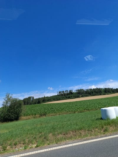 This is an eye-level, outdoor, medium shot photograph taken in Čkyně, Czechia. The image captures a rural landscape on a clear, sunny day. The sky is a vibrant, cloudless blue, with a few wispy white clouds visible in the distance. A reflection of a light-colored object, possibly a structure or vehicle, is visible on the top left of the sky.
In the mid-ground, rolling hills are covered with a mix of agricultural fields. The foreground features a lush green grassy field, with a darker, more densely vegetated area to the left, likely a tree or shrub. Beyond this, there is a field of tall green crops, possibly corn, stretching towards the horizon. Further in the background, a treeline forms a dense, dark green barrier on the crest of a hill. In the upper right portion of the image, two large, white, cylindrical bales, likely hay bales wrapped in plastic, are situated in the grassy field. A paved road with white dividing lines runs along the bottom of the frame, suggesting the photo was taken from a vehicle. The overall scene is one of a peaceful, rural setting under a bright sky.
