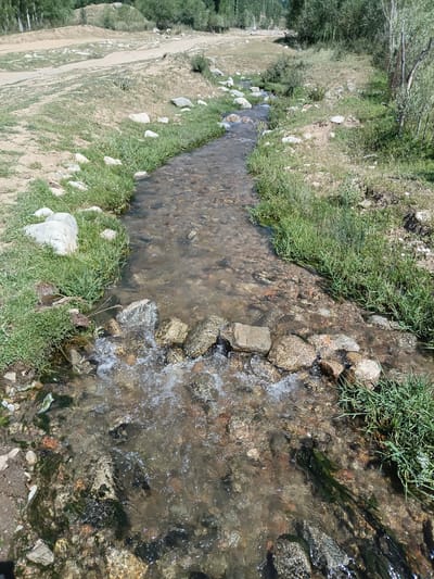 This is a photograph of a shallow, clear stream flowing through a natural, rural landscape. The stream bed is composed of various sized rocks and pebbles. Lush green grass lines the banks of the stream, interspersed with larger grey and brown rocks. In the background, a dirt road winds through dry, grassy terrain, with trees and vegetation further in the distance. The overall impression is one of a peaceful, undeveloped outdoor setting. The image does not contain any identifiable people or specific landmarks that would pinpoint it to Kashkarona, Tajikistan.
