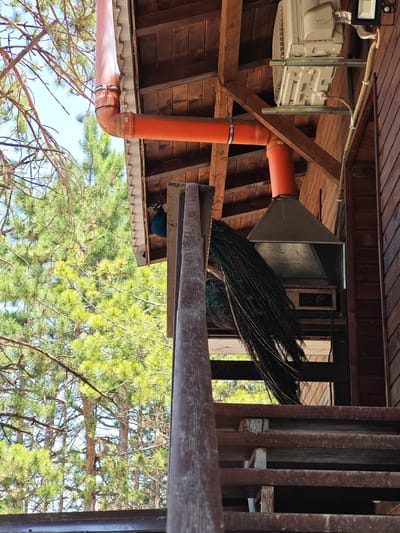 This eye-level image depicts a vibrant peacock perched on a rustic wooden building, surrounded by lush pine trees, likely in Hadzhidimovo, Bulgaria. The peacock's iridescent blue head is visible peering from under the wooden eaves on the upper left, while its long, dark tail feathers cascade downwards over a metal kitchen exhaust hood located below.
The wooden structure features exposed beams, vertical wooden plank siding, and a sloped roof. An orange PVC pipe system, possibly for drainage or ventilation, is prominently routed along the underside of the roof and down the side of the building. An outdoor air conditioning unit is mounted high on the wooden wall. Weathered wooden stairs with visible risers ascend into the foreground on the right.
The backdrop is dominated by the bright green foliage of numerous pine trees against a clear, blue sky, indicating bright, sunny daylight. The scene captures a peaceful, natural environment, with the unexpected presence of the peacock adding a striking element. No specific human activity is taking place. While some labels are visible on the pipes and AC unit, no legible text can be identified.