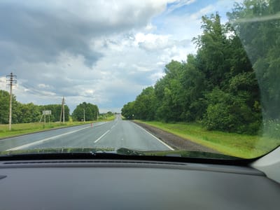 The image is a point-of-view shot from inside a car, looking forward along a wet, paved road. The road has white lane markings and is bordered by lush green trees and grass. Several power poles with wires are visible along the left side of the road, and two orange traffic cones are present. The sky is overcast with a mix of dark, heavy clouds and lighter patches of blue, suggesting a changeable weather condition, possibly after rain. The road surface reflects the sky and surrounding trees. In the distance, the road curves slightly and recedes, with more trees lining both sides. The overall scene depicts a drive through a rural or semi-rural area in Russia, specifically near Петрица Снт. The time of day appears to be daytime, given the ambient light, but the cloudy conditions create a subdued atmosphere. No people are visible in the frame. There is no visible text in the image.