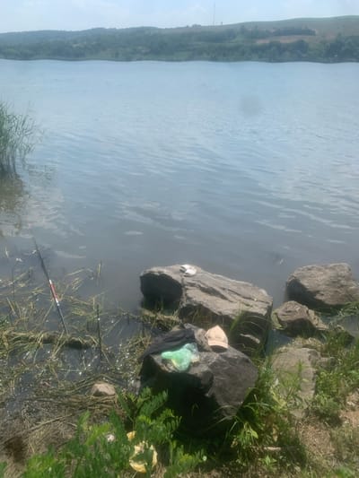 A fishing rod rests on the bank of a calm, murky river in Kosy, Ukraine. The water is still, with a few ripples disturbing its surface. On the rocky bank, a black cloth and a light green plastic bag lie near some large stones. Lush green vegetation grows around the rocks, with dry grass and some fallen leaves also visible. In the distance, a gently sloping, tree-covered hill forms the opposite bank of the river. The sky above appears hazy or overcast, suggesting a mild day. The scene conveys a sense of quiet solitude, with the focus on the peaceful activity of fishing. No people are visible, and there is no discernible text in the image.